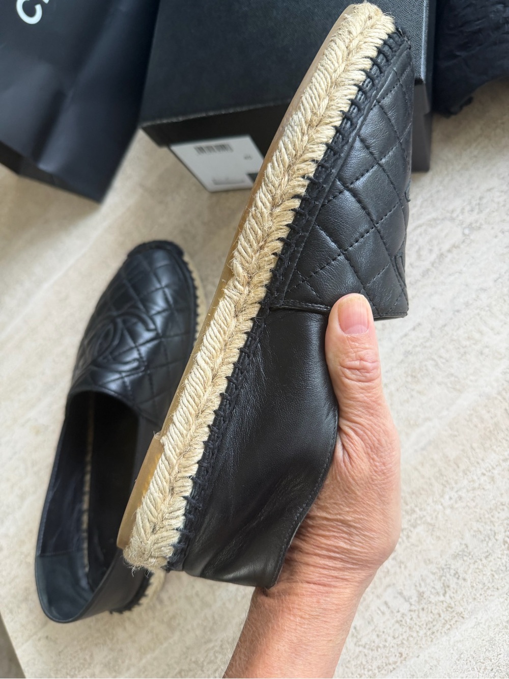 CHANEL Black Quilted Leather Espadrille Flats with CC Logo - Picture 8 of 16